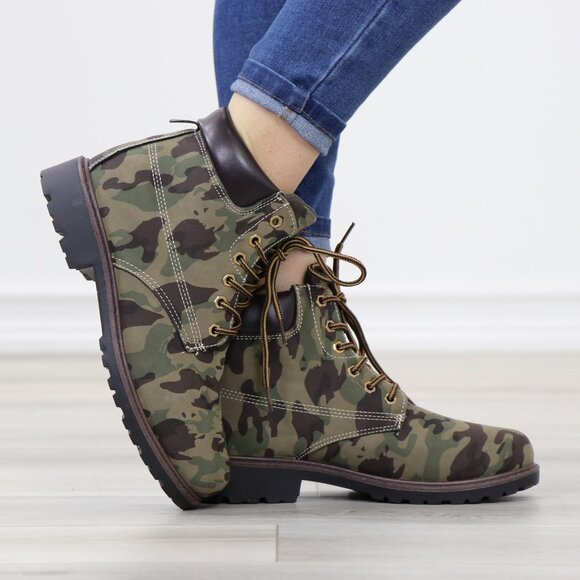 Women's Camouflage Combat Lace-up Ankle Boots Low Heel Casual Short Booties - Picture 7 of 12